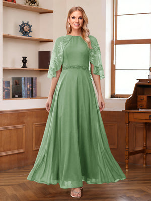 A-Line/Princess Scoop Half Sleeves Ankle-Length Mother of the Bride Dress With Lace & Applique
