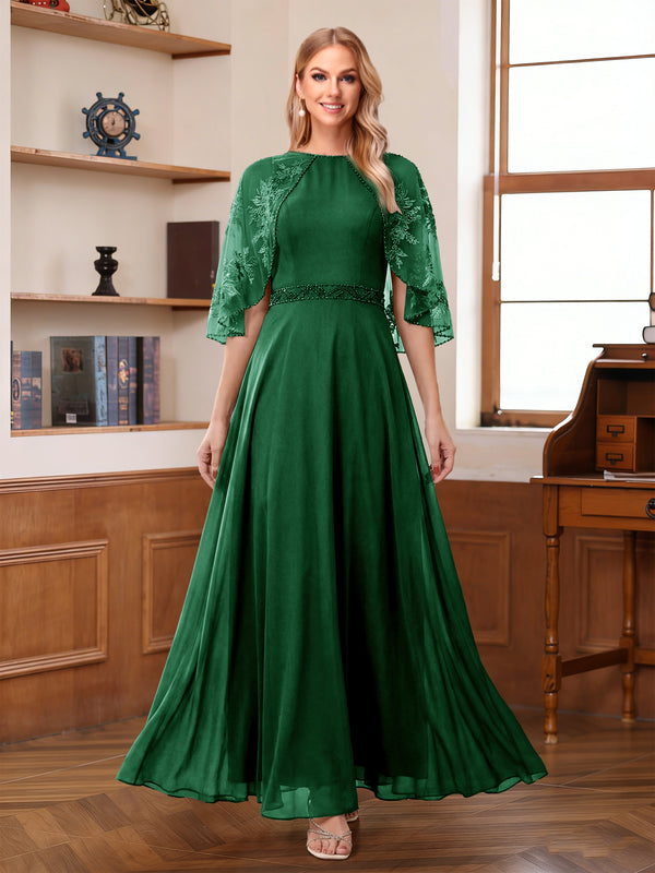 A-Line/Princess Scoop Half Sleeves Ankle-Length Mother of the Bride Dress With Lace & Applique