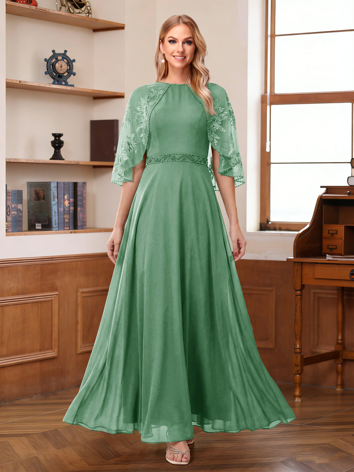 A-Line/Princess Scoop Half Sleeves Ankle-Length Mother of the Bride Dress With Lace &amp; Applique