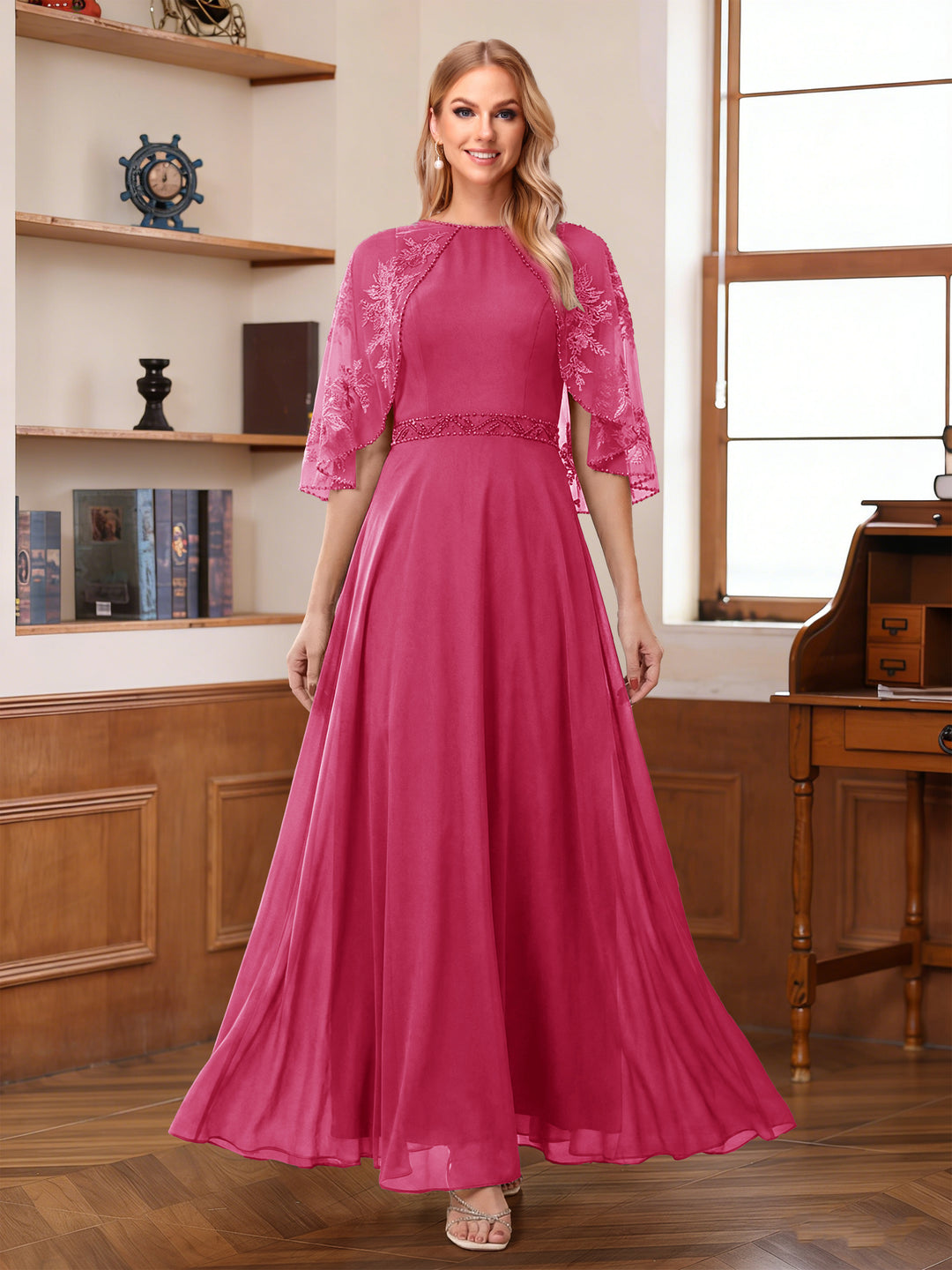 A-Line/Princess Scoop Half Sleeves Ankle-Length Mother of the Bride Dress With Lace &amp; Applique