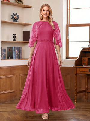 A-Line/Princess Scoop Half Sleeves Ankle-Length Mother of the Bride Dress With Lace & Applique