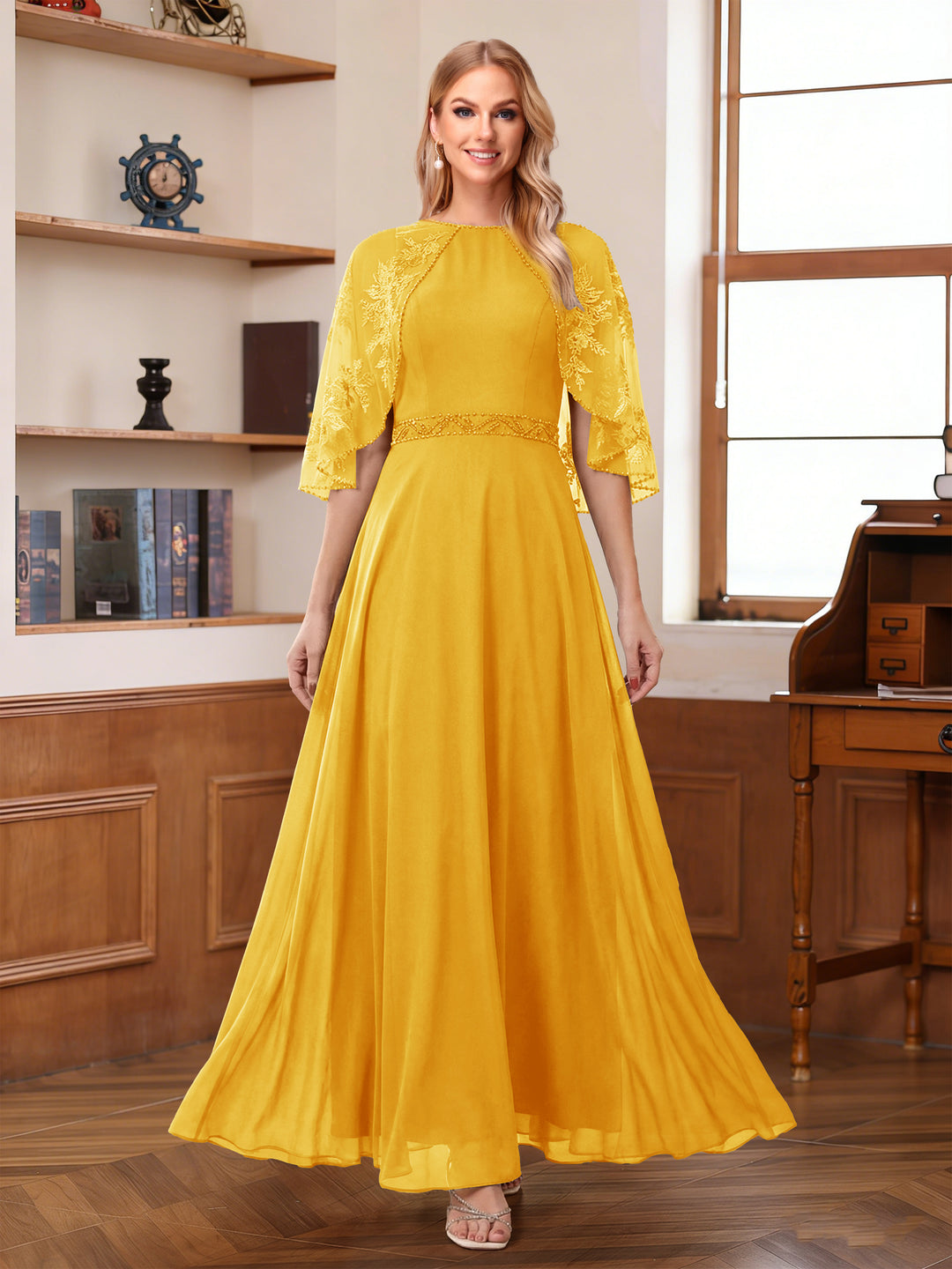 A-Line/Princess Scoop Half Sleeves Ankle-Length Mother of the Bride Dress With Lace &amp; Applique