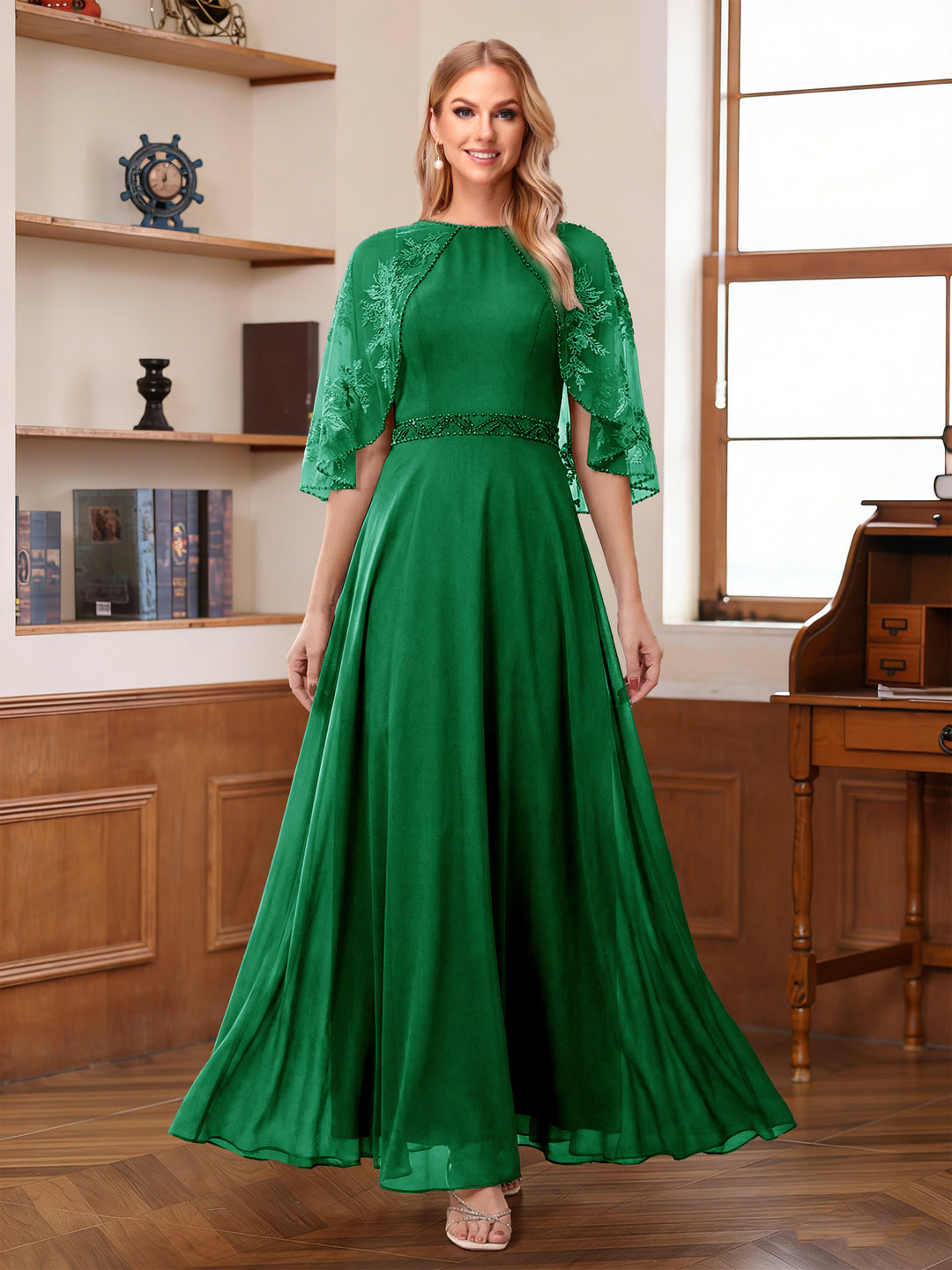 A-Line/Princess Scoop Half Sleeves Ankle-Length Mother of the Bride Dress With Lace &amp; Applique