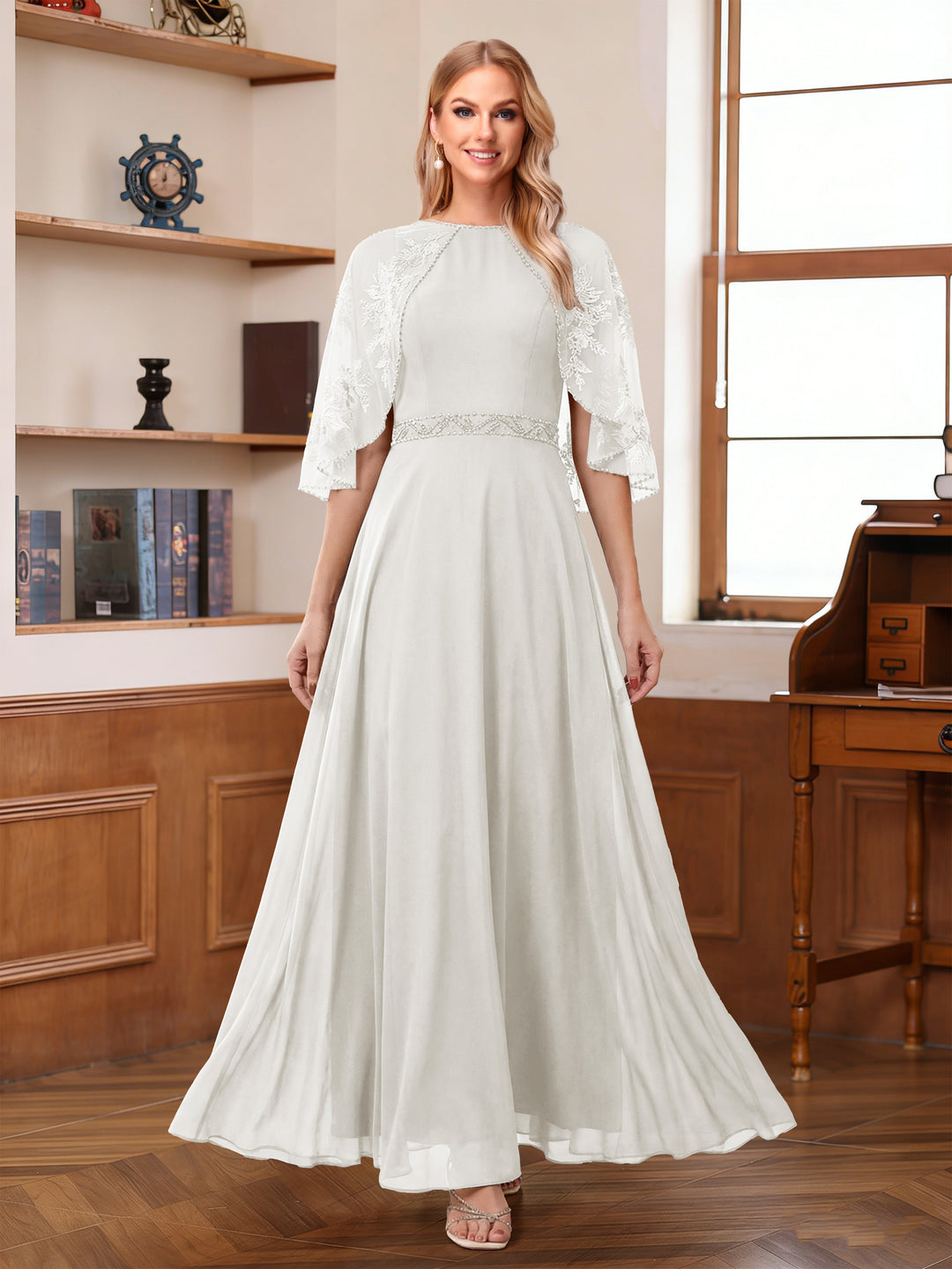 A-Line/Princess Scoop Half Sleeves Ankle-Length Mother of the Bride Dress With Lace &amp; Applique