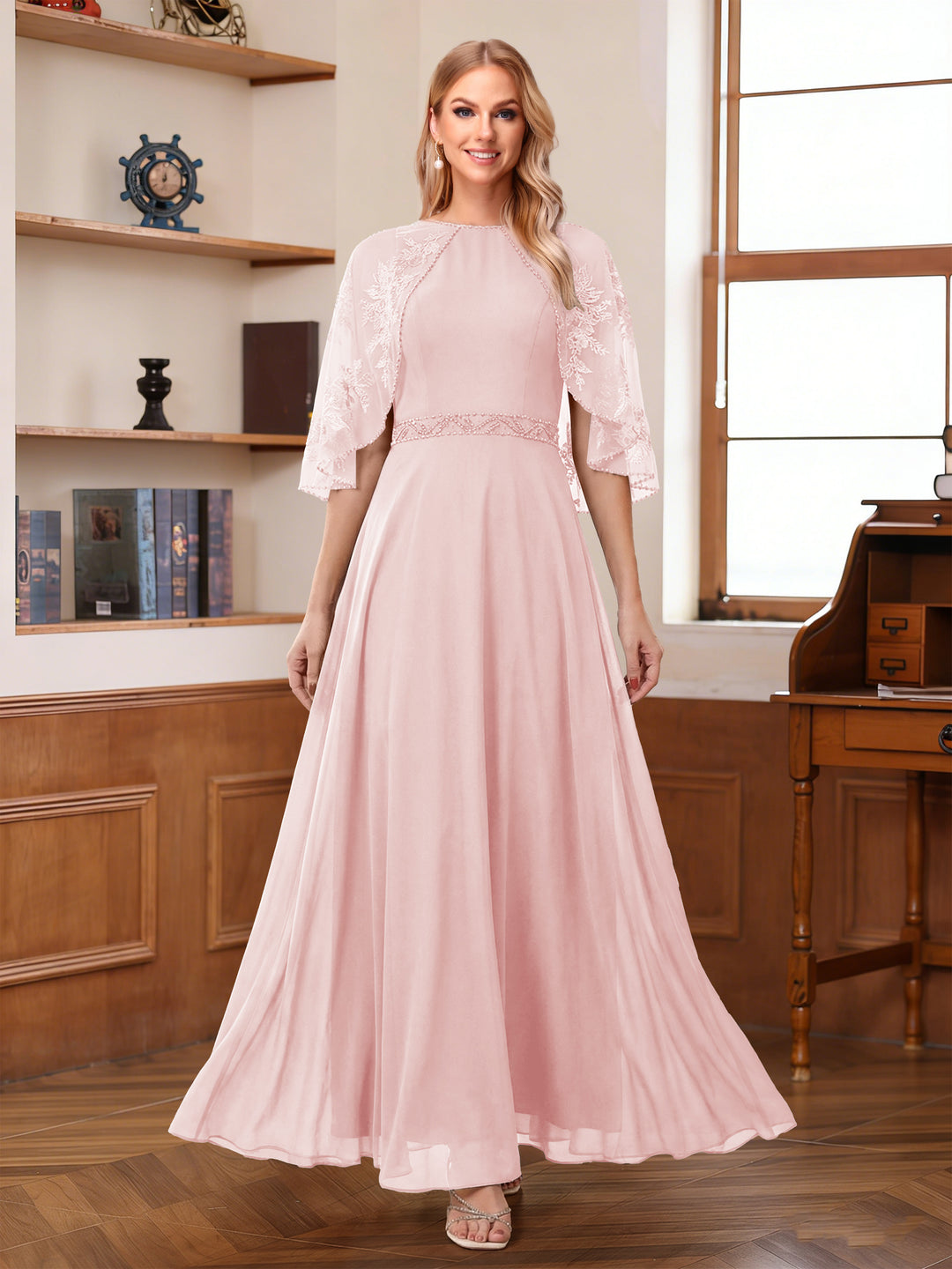 A-Line/Princess Scoop Half Sleeves Ankle-Length Mother of the Bride Dress With Lace &amp; Applique