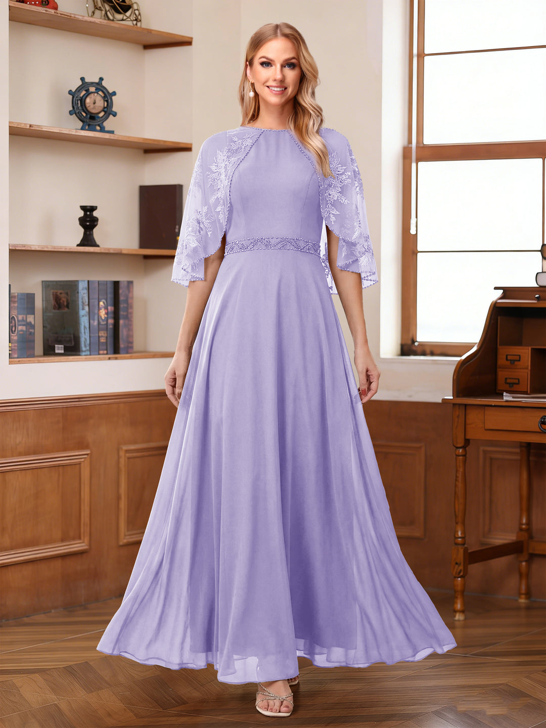 A-Line/Princess Scoop Half Sleeves Ankle-Length Mother of the Bride Dress With Lace &amp; Applique