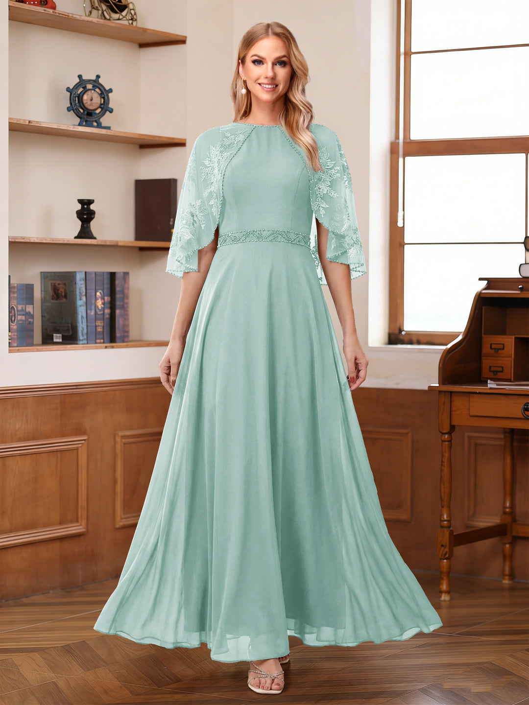 A-Line/Princess Scoop Half Sleeves Ankle-Length Mother of the Bride Dress With Lace &amp; Applique