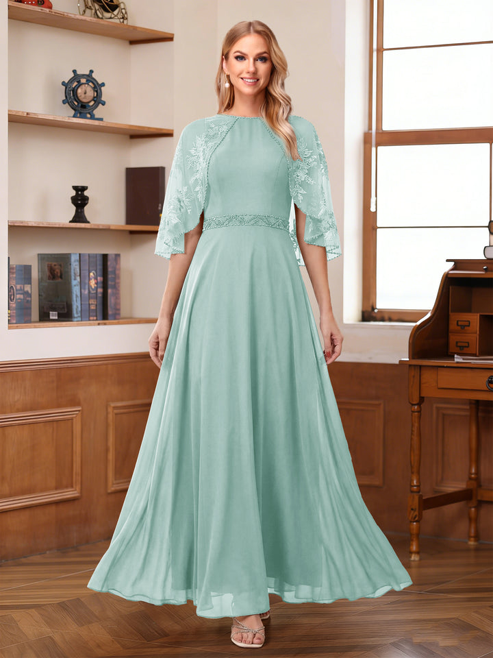 A-Line/Princess Scoop Half Sleeves Ankle-Length Mother of the Bride Dress With Lace &amp; Applique