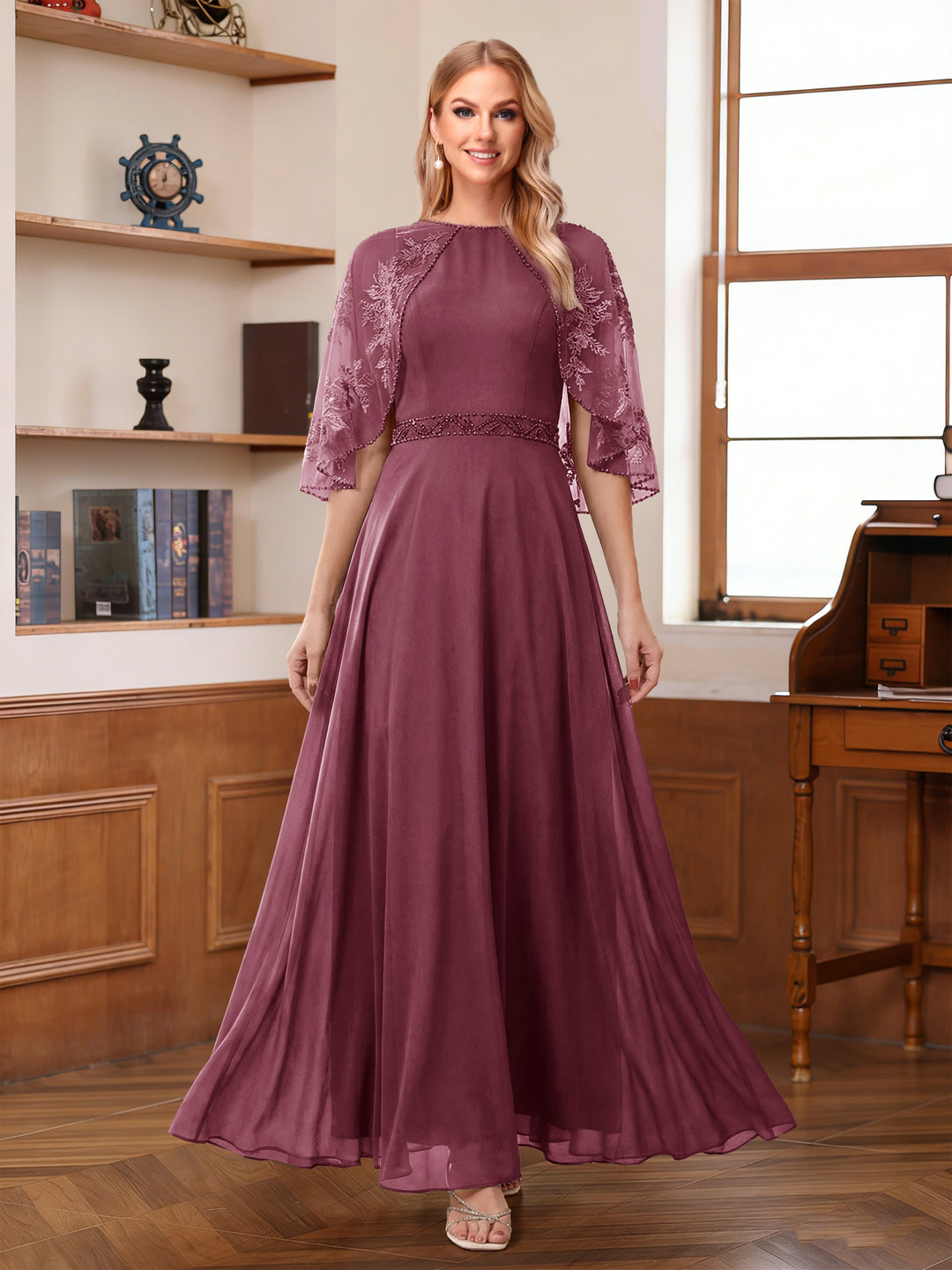 A-Line/Princess Scoop Half Sleeves Ankle-Length Mother of the Bride Dress With Lace &amp; Applique