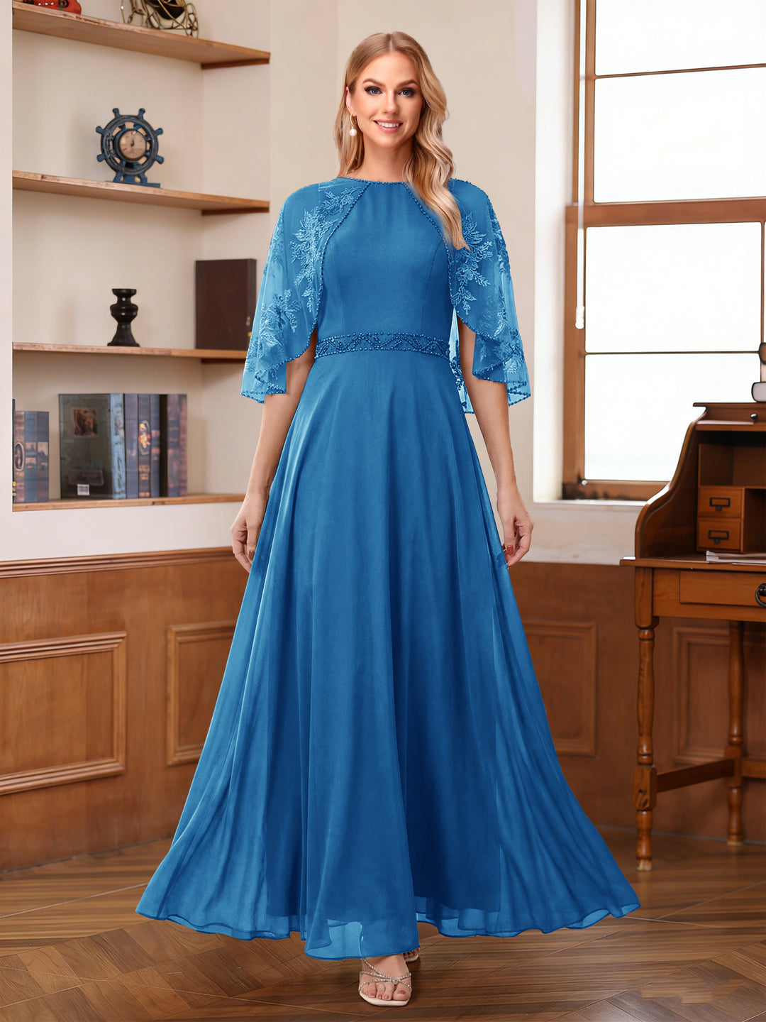 A-Line/Princess Scoop Half Sleeves Ankle-Length Mother of the Bride Dress With Lace &amp; Applique