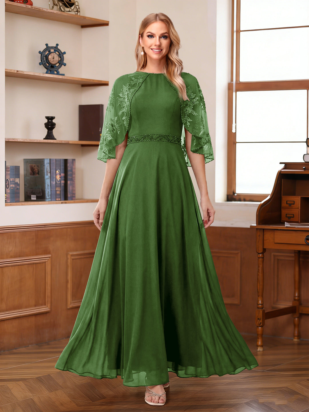 A-Line/Princess Scoop Half Sleeves Ankle-Length Mother of the Bride Dress With Lace &amp; Applique