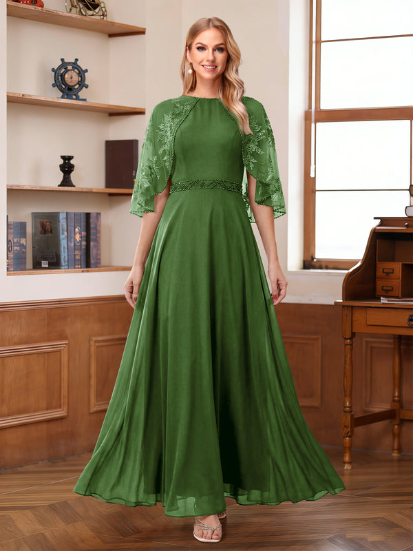 A-Line/Princess Scoop Half Sleeves Ankle-Length Mother of the Bride Dress With Lace & Applique