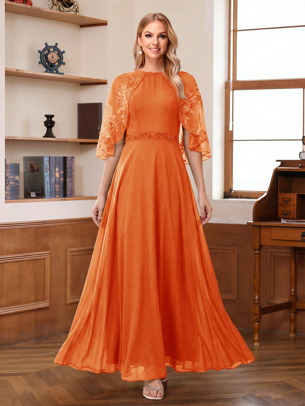 A-Line/Princess Scoop Half Sleeves Ankle-Length Mother of the Bride Dress With Lace & Applique