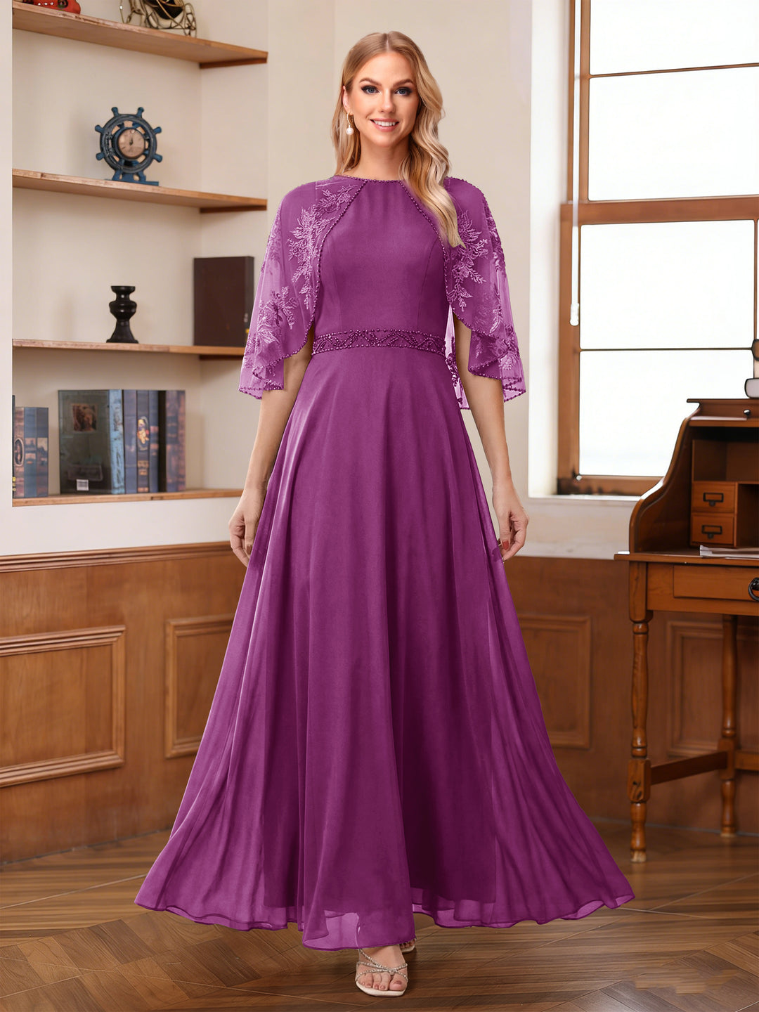 A-Line/Princess Scoop Half Sleeves Ankle-Length Mother of the Bride Dress With Lace &amp; Applique