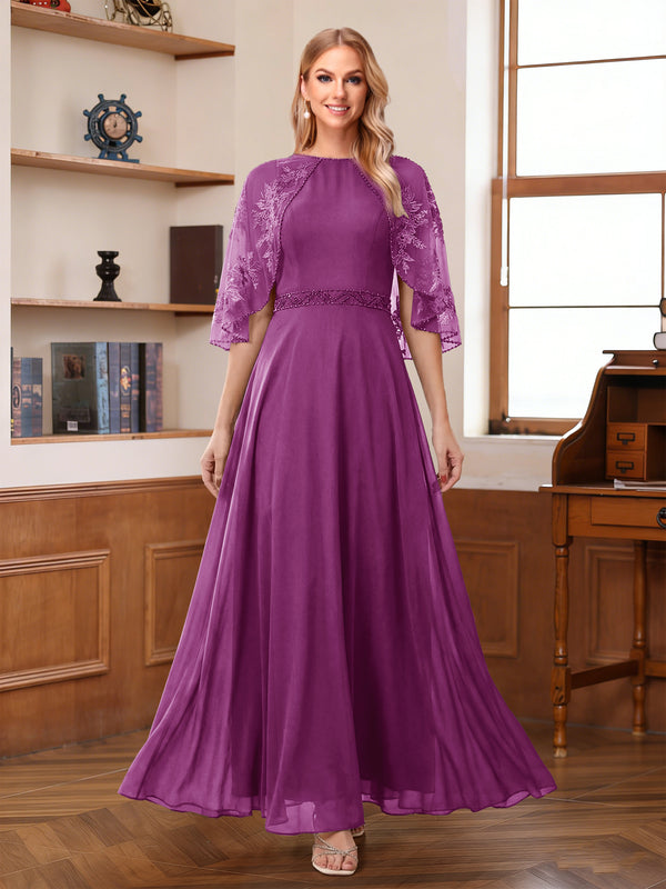 A-Line/Princess Scoop Half Sleeves Ankle-Length Mother of the Bride Dress With Lace & Applique