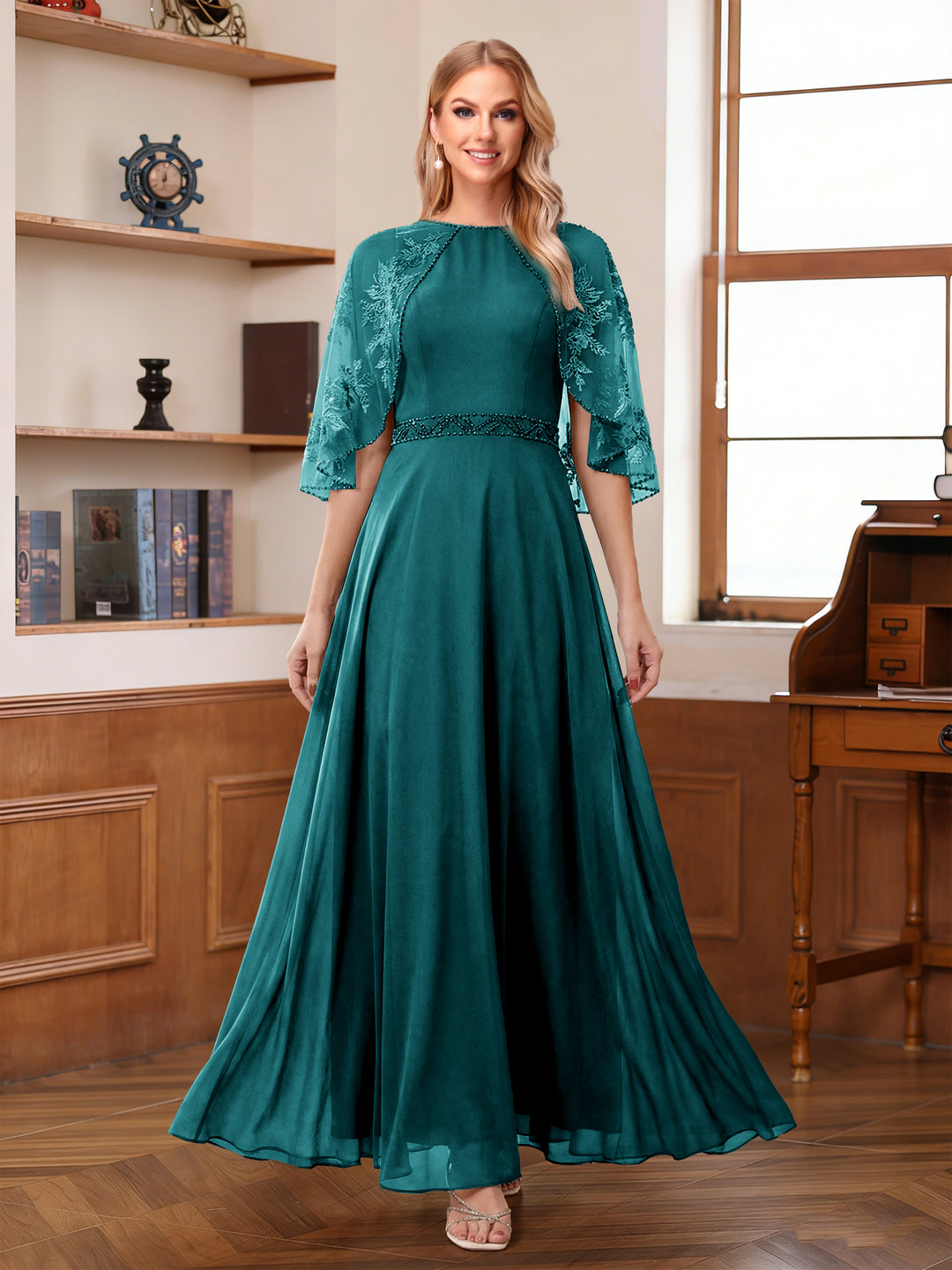 A-Line/Princess Scoop Half Sleeves Ankle-Length Mother of the Bride Dress With Lace &amp; Applique