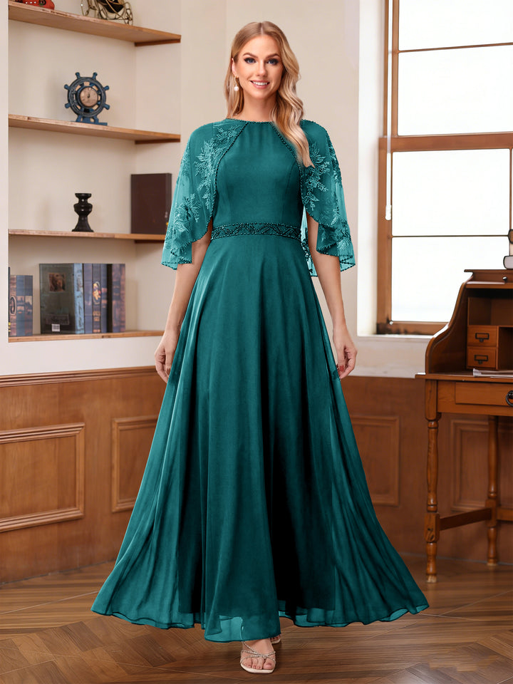 A-Line/Princess Scoop Half Sleeves Ankle-Length Mother of the Bride Dress With Lace &amp; Applique