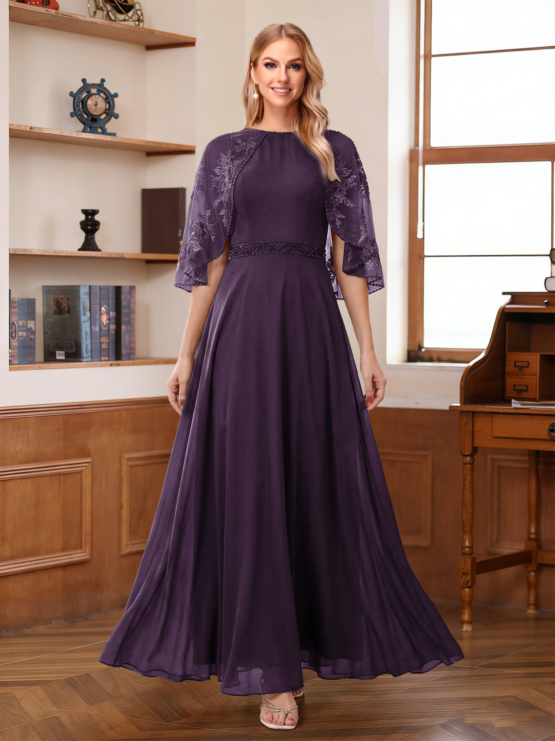A-Line/Princess Scoop Half Sleeves Ankle-Length Mother of the Bride Dress With Lace &amp; Applique
