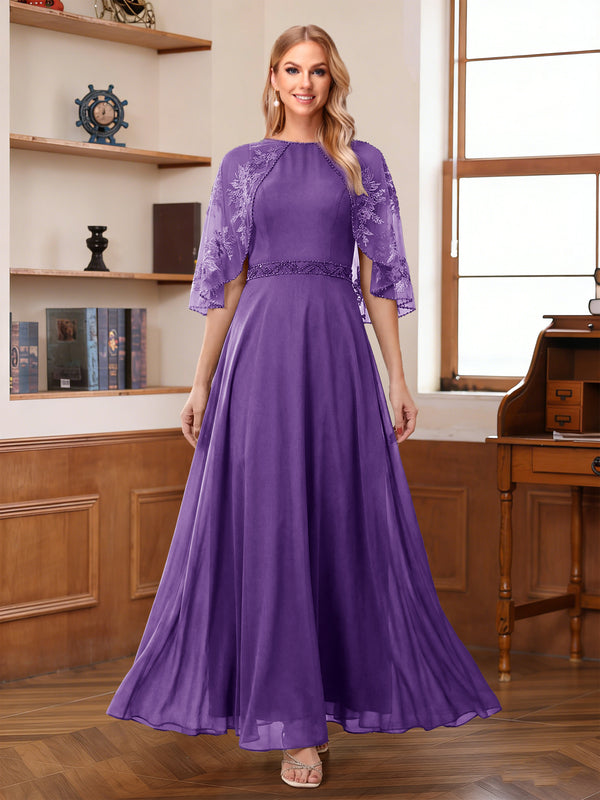 A-Line/Princess Scoop Half Sleeves Ankle-Length Mother of the Bride Dress With Lace & Applique