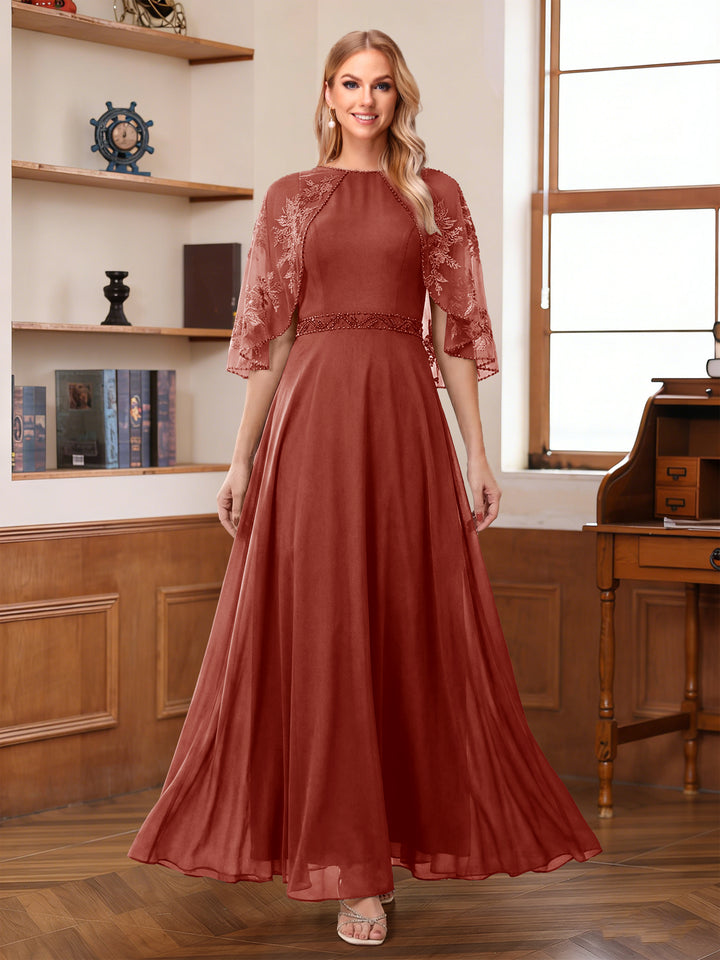 A-Line/Princess Scoop Half Sleeves Ankle-Length Mother of the Bride Dress With Lace &amp; Applique