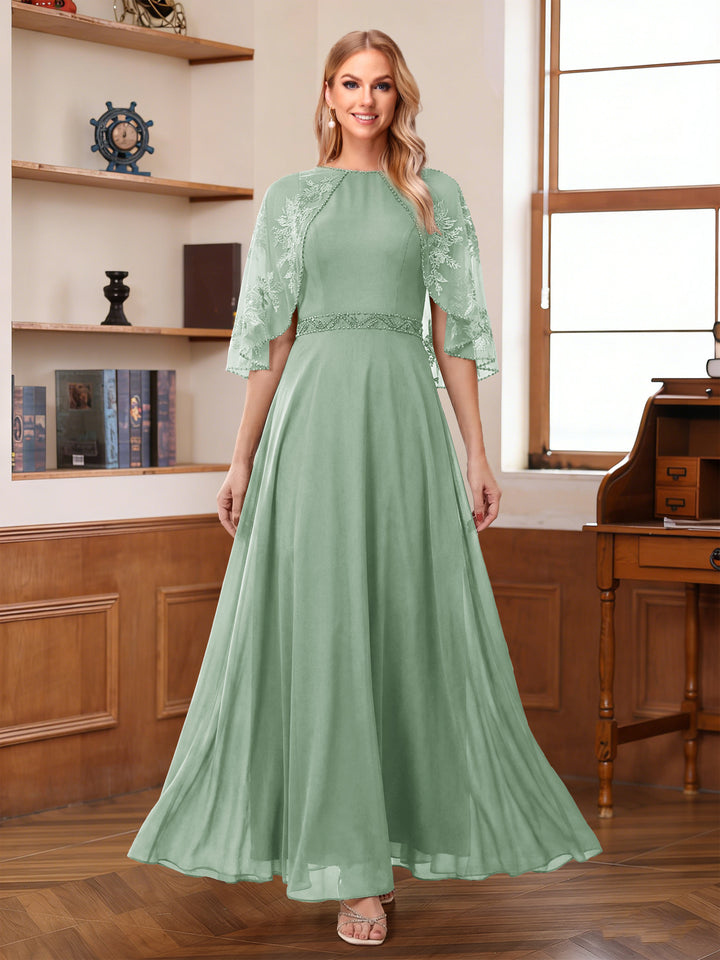 A-Line/Princess Scoop Half Sleeves Ankle-Length Mother of the Bride Dress With Lace &amp; Applique