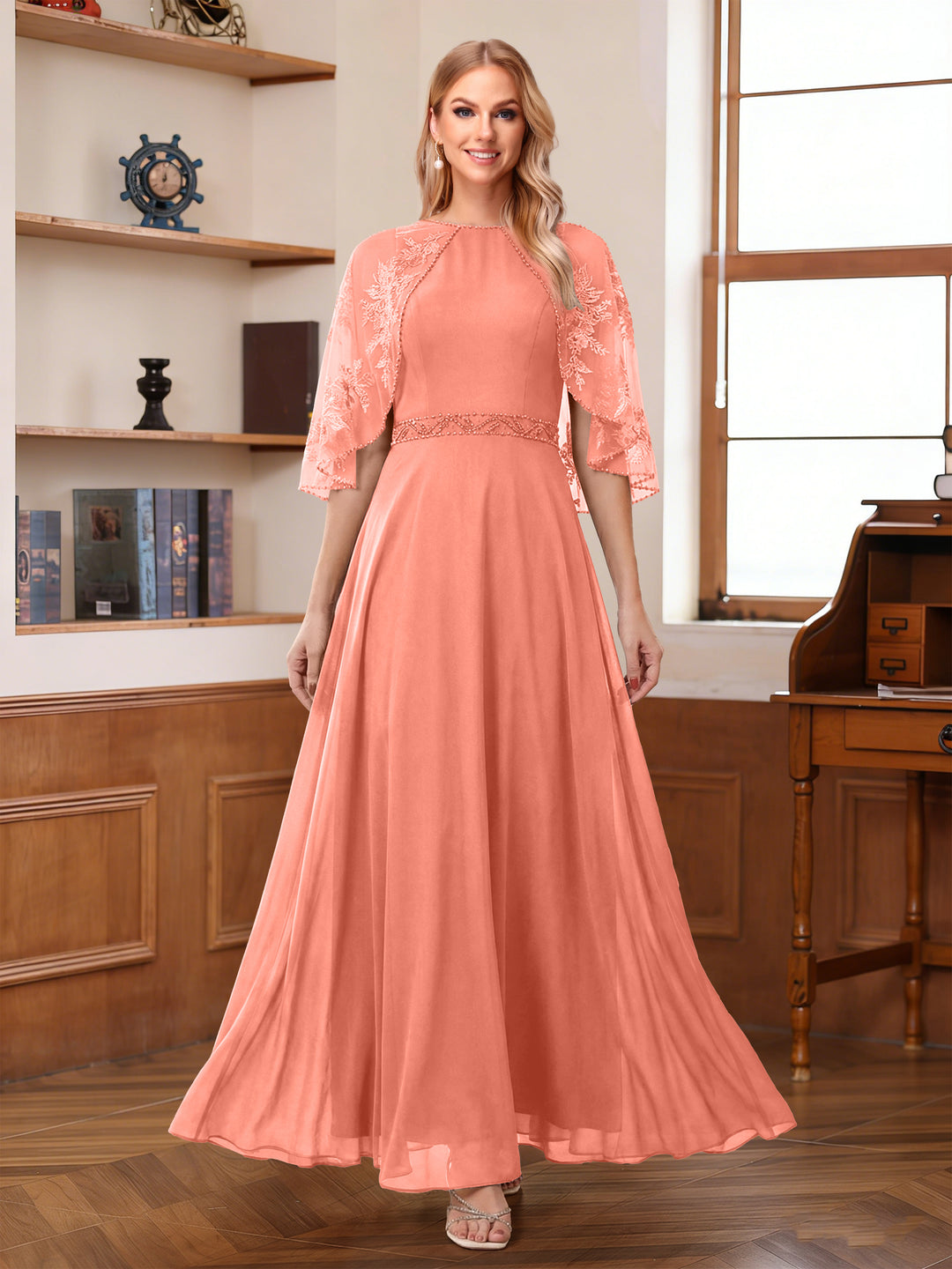 A-Line/Princess Scoop Half Sleeves Ankle-Length Mother of the Bride Dress With Lace &amp; Applique