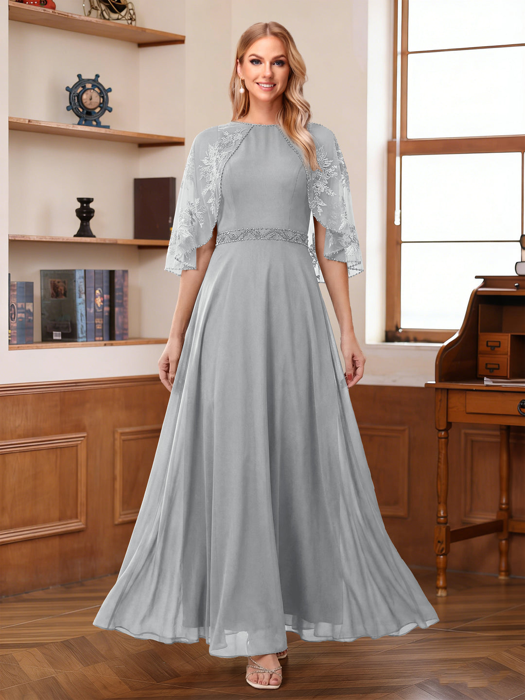 A-Line/Princess Scoop Half Sleeves Ankle-Length Mother of the Bride Dress With Lace &amp; Applique