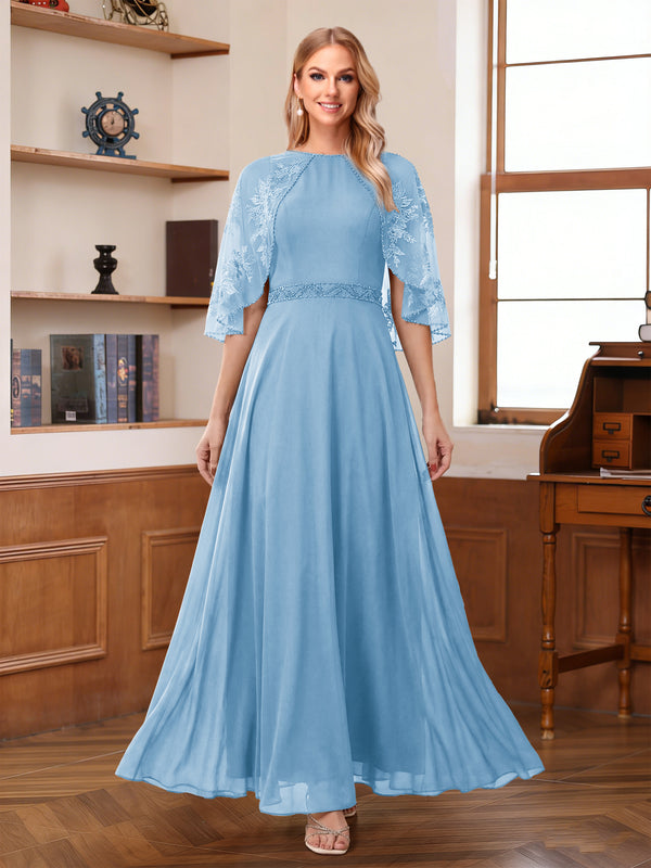 A-Line/Princess Scoop Half Sleeves Ankle-Length Mother of the Bride Dress With Lace & Applique
