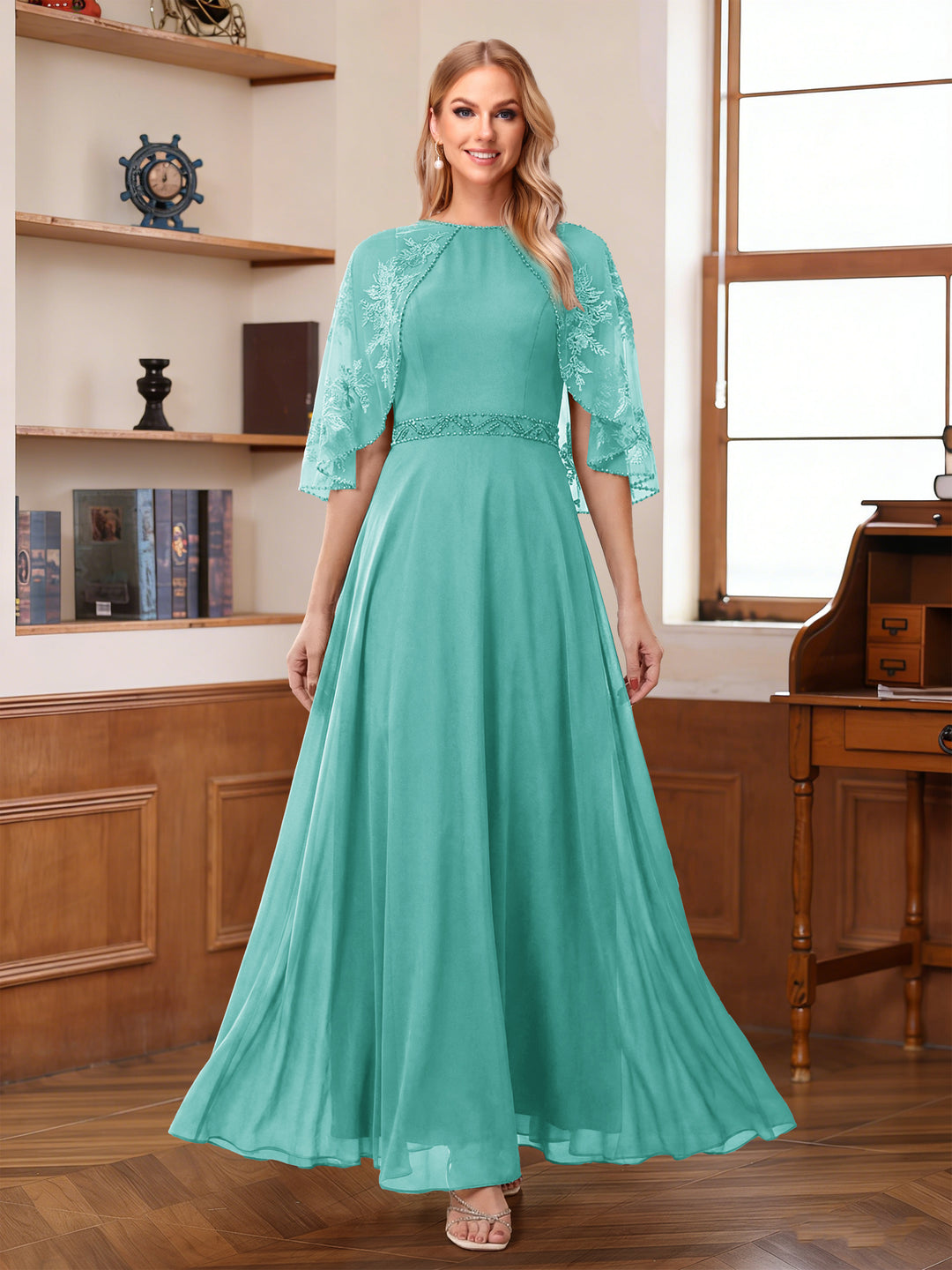 A-Line/Princess Scoop Half Sleeves Ankle-Length Mother of the Bride Dress With Lace &amp; Applique