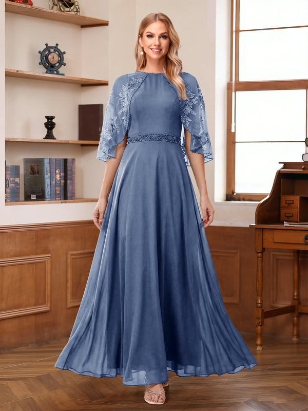 A-Line/Princess Scoop Half Sleeves Ankle-Length Mother of the Bride Dress With Lace & Applique