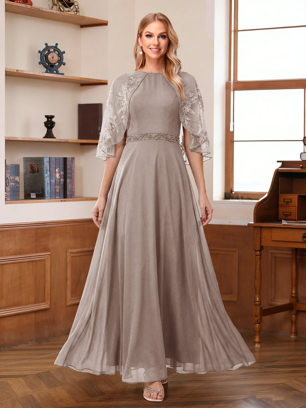 A-Line/Princess Scoop Half Sleeves Ankle-Length Mother of the Bride Dress With Lace & Applique