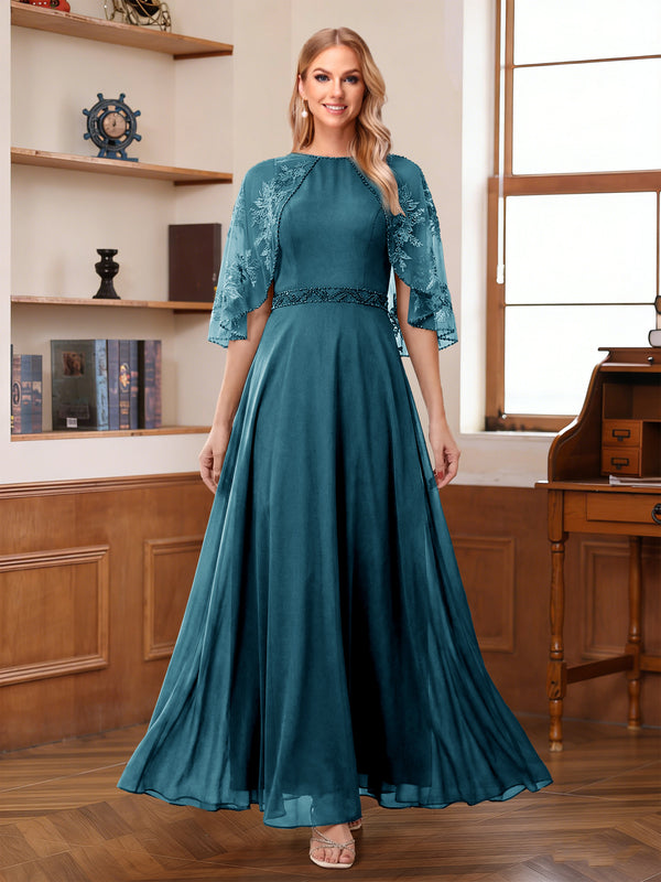 A-Line/Princess Scoop Half Sleeves Ankle-Length Mother of the Bride Dress With Lace & Applique