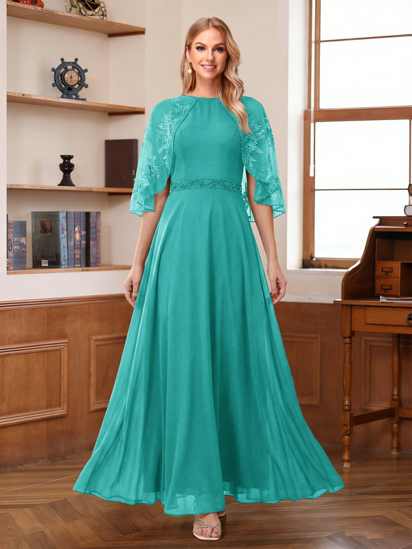 A-Line/Princess Scoop Half Sleeves Ankle-Length Mother of the Bride Dress With Lace & Applique