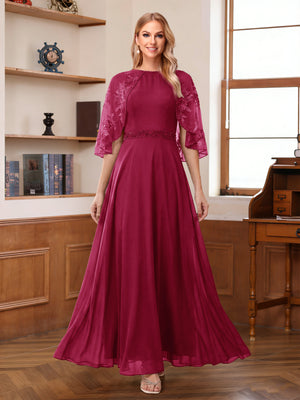 A-Line/Princess Scoop Half Sleeves Ankle-Length Mother of the Bride Dress With Lace & Applique