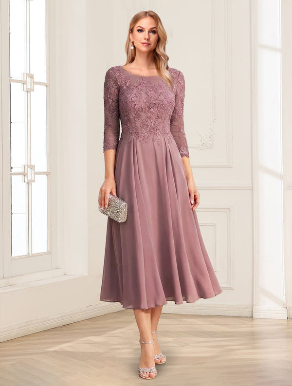 A-Line/Princess Scoop 3/4 Sleeves Tea-Length Mother of the Bride Dresses with Applique & Lace