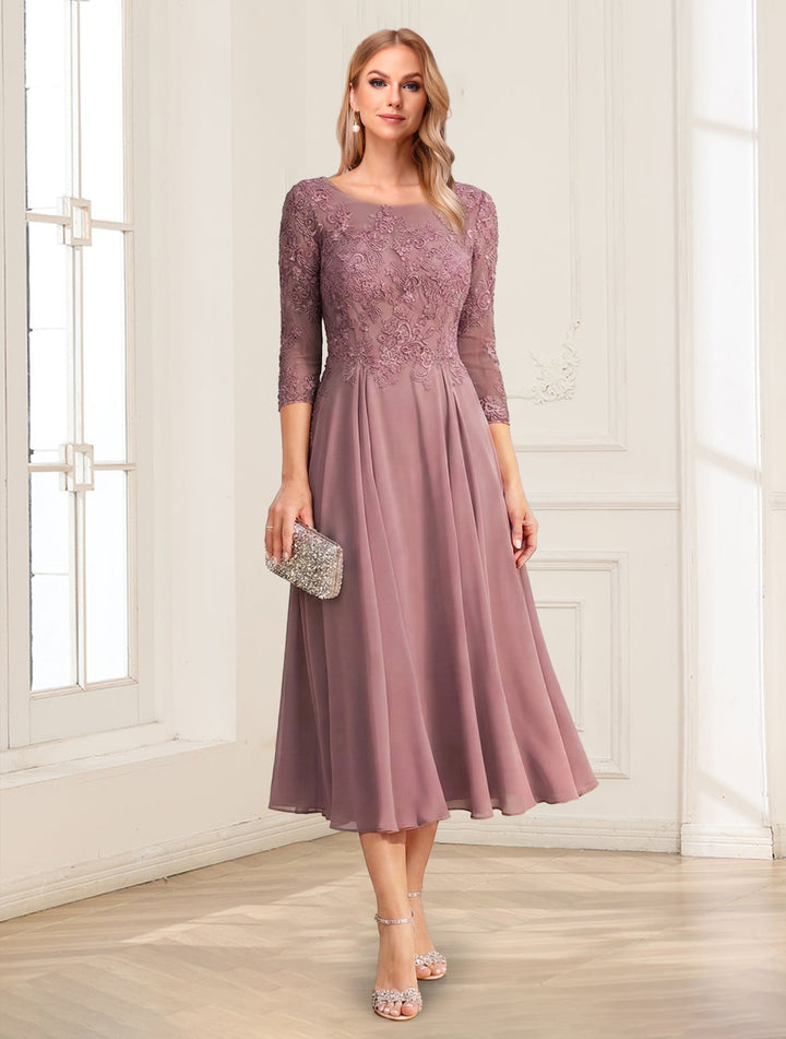 A-Line/Princess Scoop 3/4 Sleeves Tea-Length Mother of the Bride Dresses with Applique &amp; Lace
