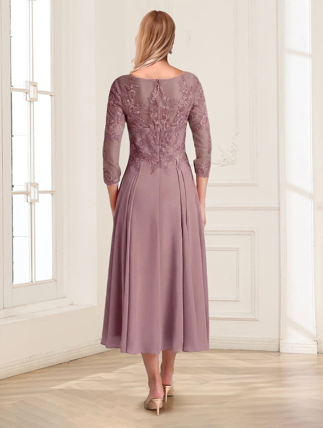 A-Line/Princess Scoop 3/4 Sleeves Tea-Length Mother of the Bride Dresses with Applique &amp; Lace