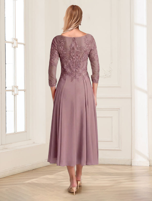 A-Line/Princess Scoop 3/4 Sleeves Tea-Length Mother of the Bride Dresses with Applique & Lace
