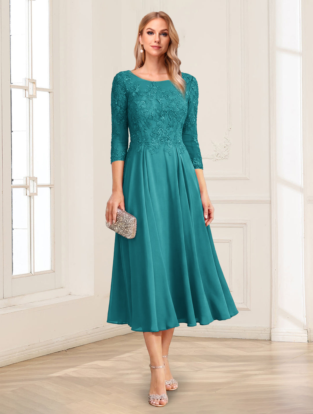 A-Line/Princess Scoop 3/4 Sleeves Tea-Length Mother of the Bride Dresses with Applique &amp; Lace