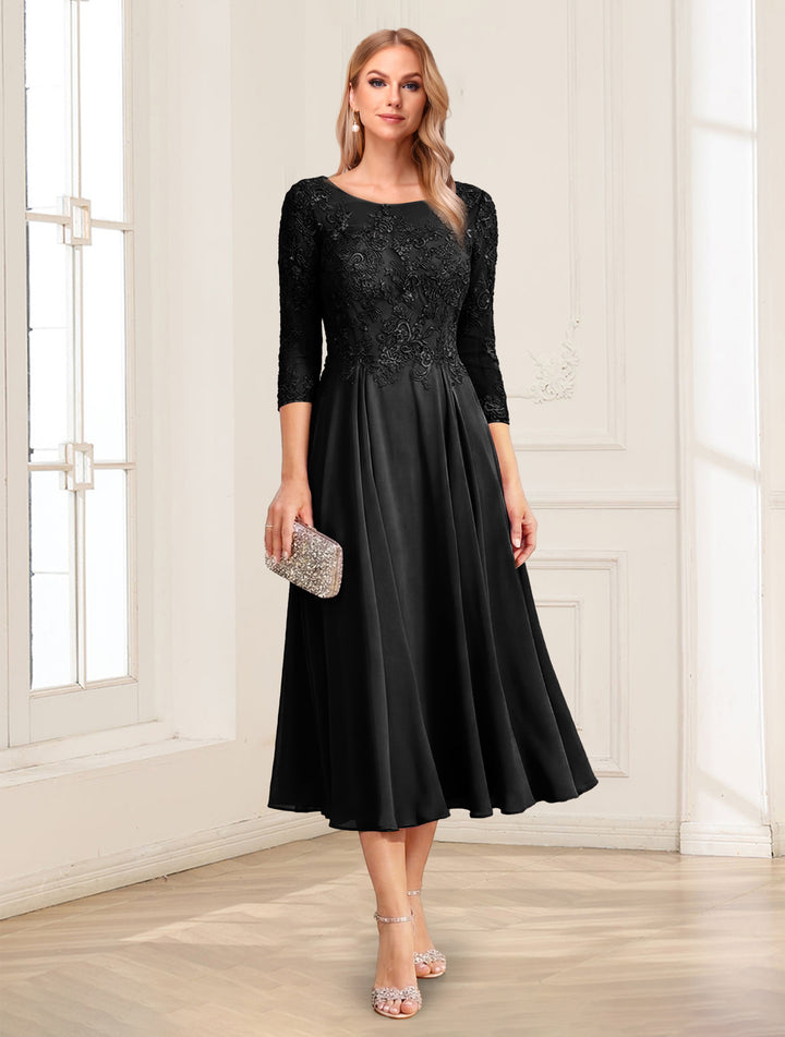A-Line/Princess Scoop 3/4 Sleeves Tea-Length Mother of the Bride Dresses with Applique &amp; Lace