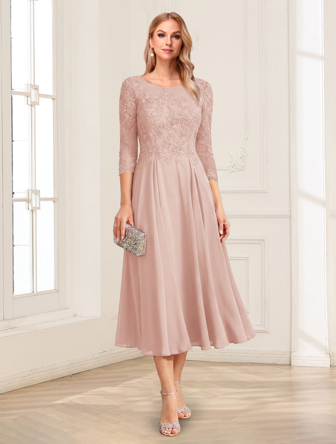 A-Line/Princess Scoop 3/4 Sleeves Tea-Length Mother of the Bride Dresses with Applique &amp; Lace