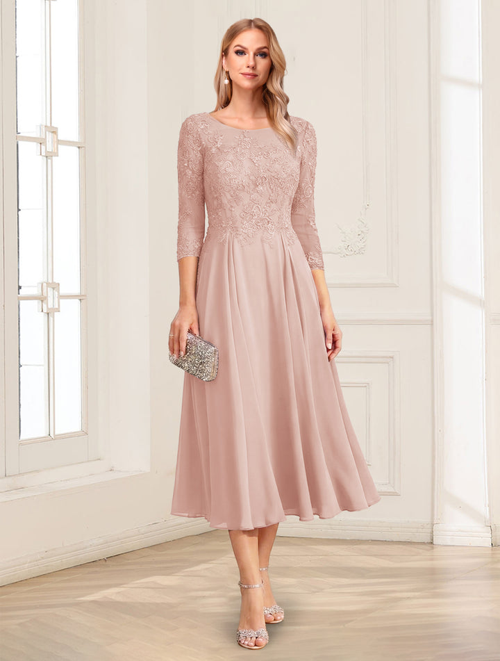 A-Line/Princess Scoop 3/4 Sleeves Tea-Length Mother of the Bride Dresses with Applique &amp; Lace