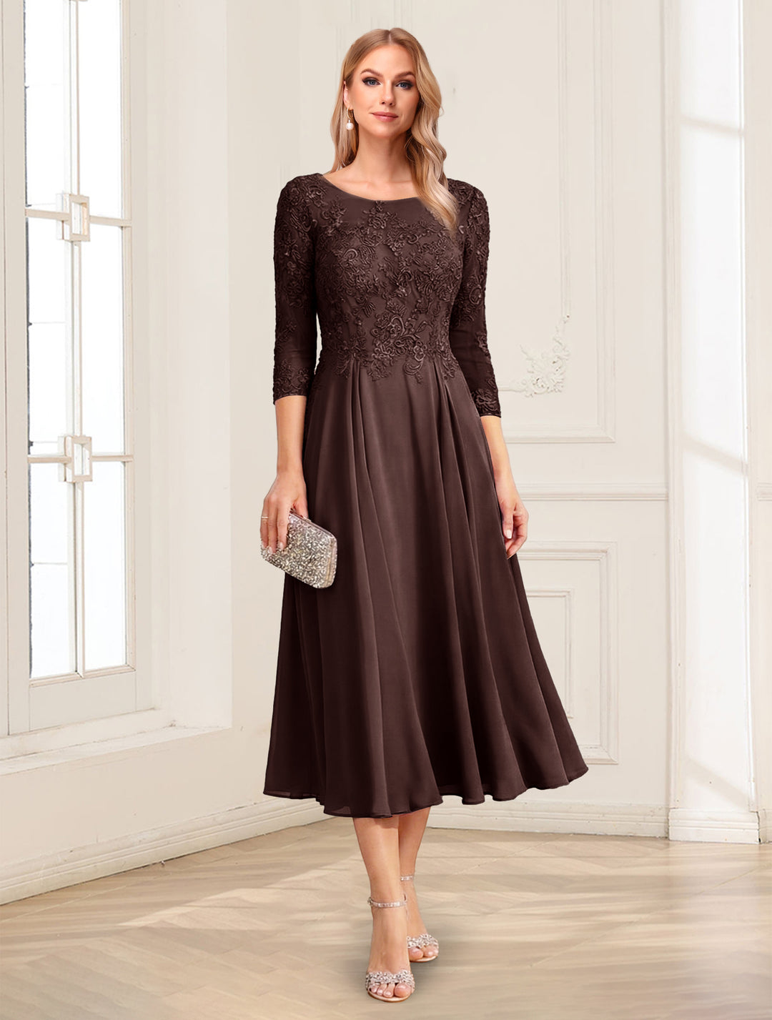 A-Line/Princess Scoop 3/4 Sleeves Tea-Length Mother of the Bride Dresses with Applique &amp; Lace