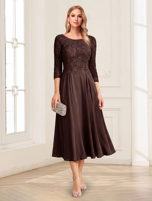 A-Line/Princess Scoop 3/4 Sleeves Tea-Length Mother of the Bride Dresses with Applique & Lace