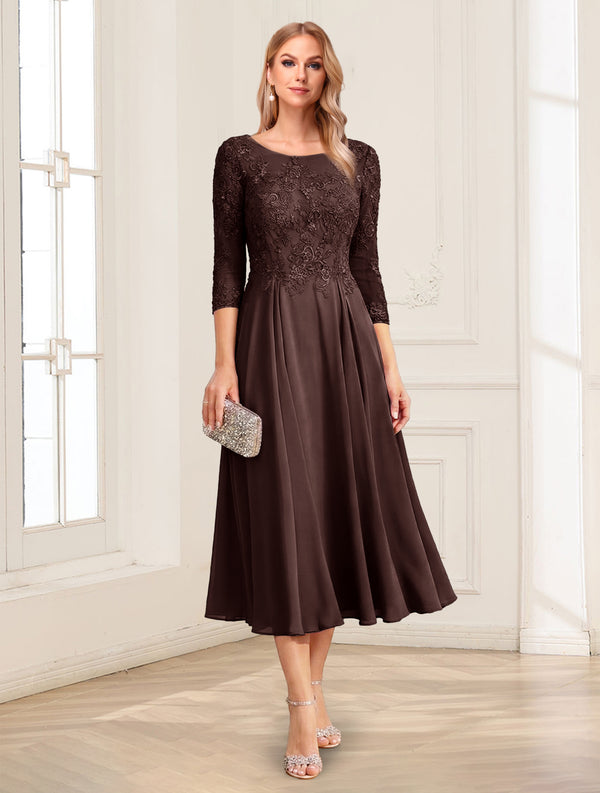 A-Line/Princess Scoop 3/4 Sleeves Tea-Length Mother of the Bride Dresses with Applique & Lace