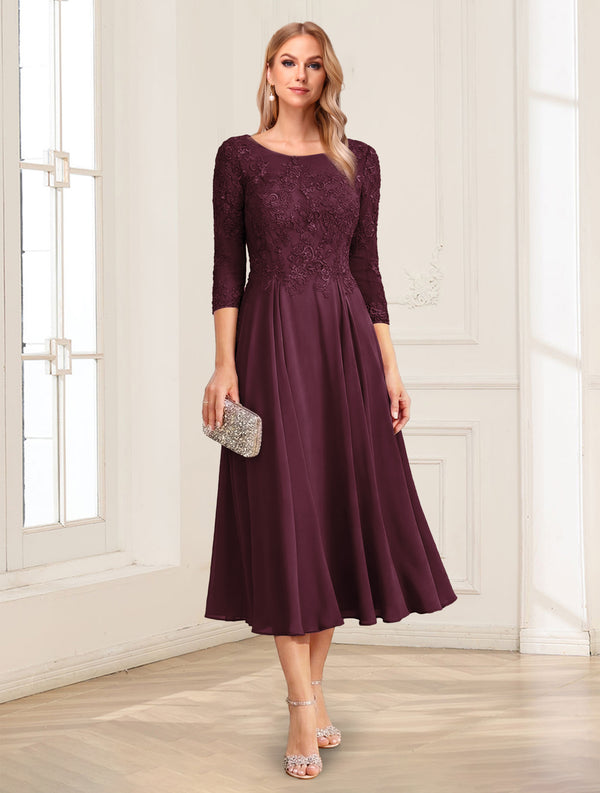 A-Line/Princess Scoop 3/4 Sleeves Tea-Length Mother of the Bride Dresses with Applique & Lace