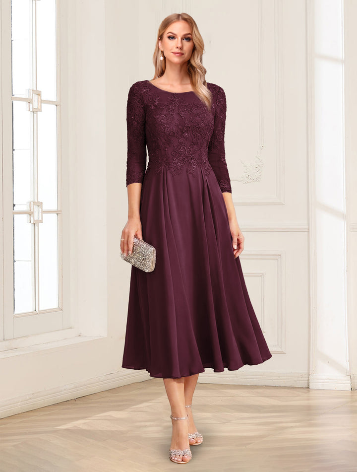 A-Line/Princess Scoop 3/4 Sleeves Tea-Length Mother of the Bride Dresses with Applique &amp; Lace