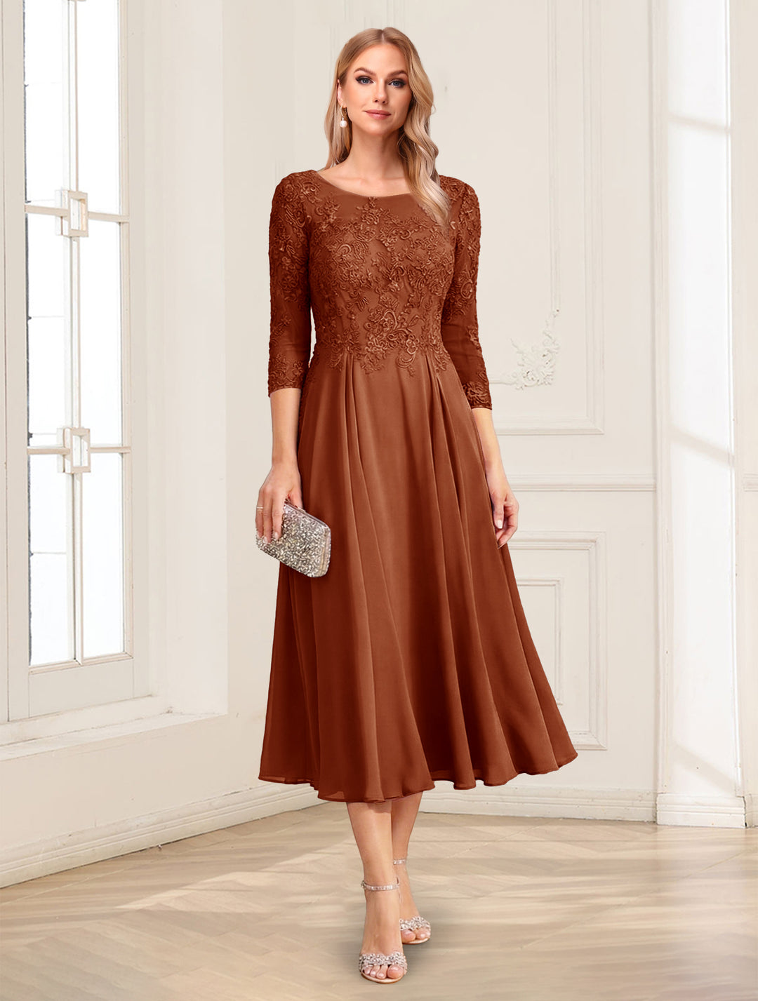 A-Line/Princess Scoop 3/4 Sleeves Tea-Length Mother of the Bride Dresses with Applique &amp; Lace