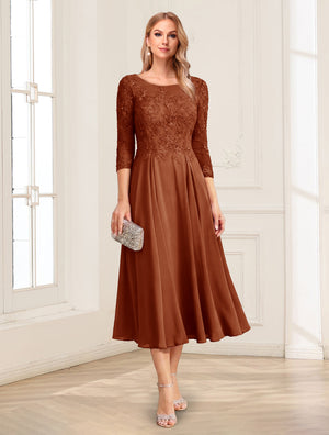 A-Line/Princess Scoop 3/4 Sleeves Tea-Length Mother of the Bride Dresses with Applique & Lace