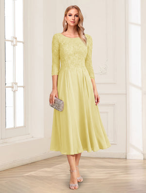 A-Line/Princess Scoop 3/4 Sleeves Tea-Length Mother of the Bride Dresses with Applique & Lace